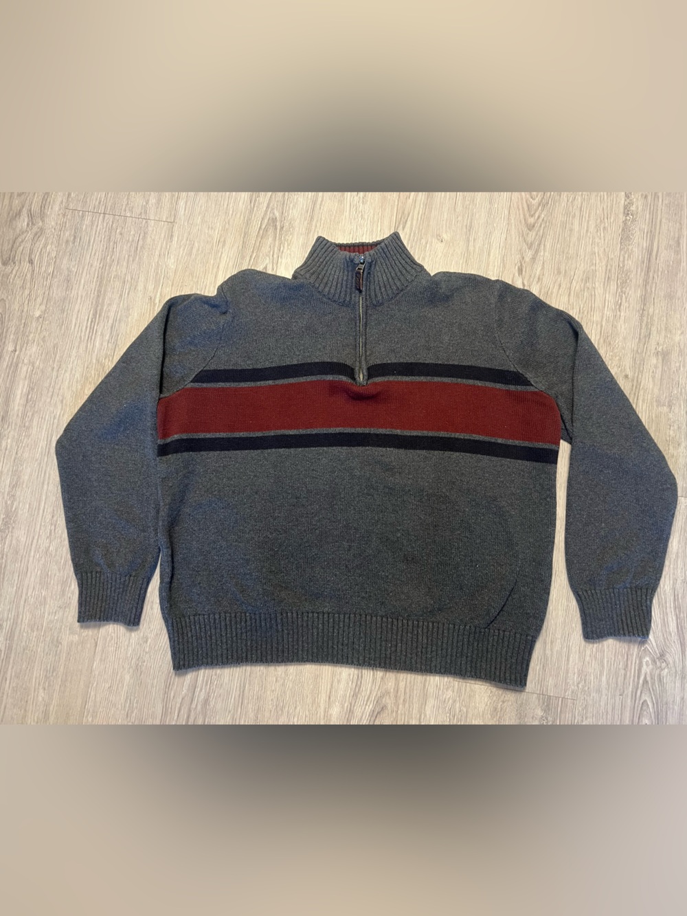 Eddie Bauer Gray Zip-Front Sweater with Burgundy Chest Stripe